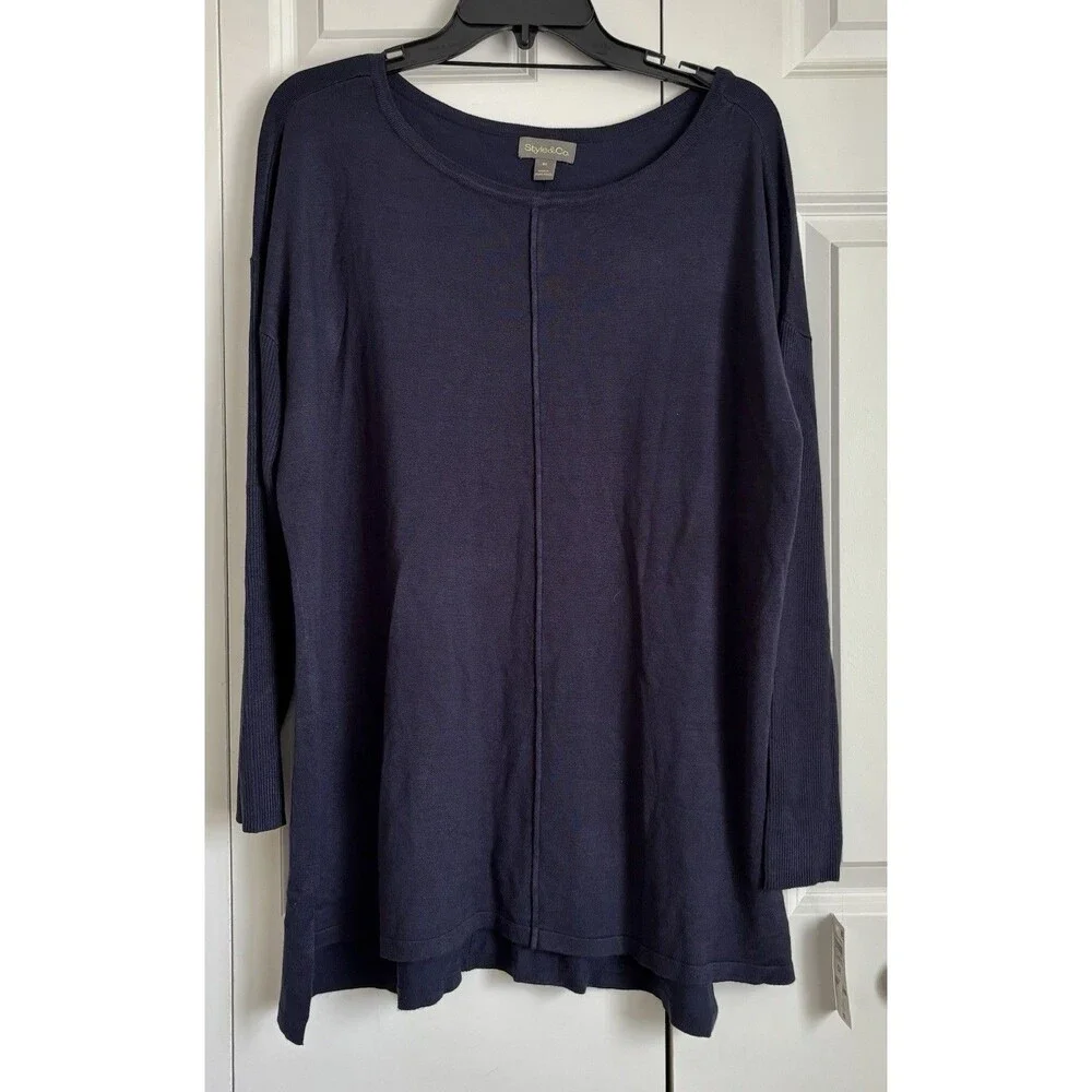 STYLE & CO WOMEN'S 0X LONG SLEEVE BOAT NECK TUNIC SWEATER NAVY BLUE PULLON KNIT